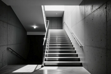 Fototapeta premium A modern concrete staircase ascends from a dark lower level to a brightly lit upper floor with a white ceiling and walls.