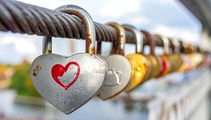 Heart-shaped padlocks on a bridge