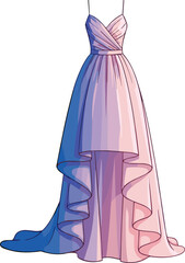 Elegant high-low evening gown with sweetheart neckline, spaghetti straps, crisscross bodice, flowing fabric, romantic style, fashion vector illustration design