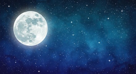 Full moon shining brightly in a dark blue night sky with scattered stars