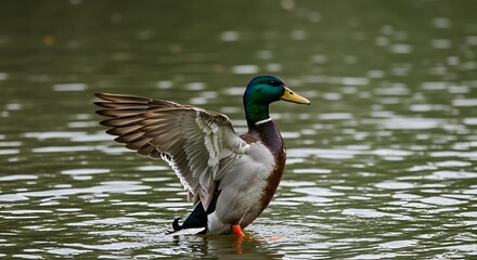 Obraz premium Male mallard duck flapping wings on water surface with natural lighting
