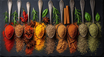 Flat lay of spices, garlic, rosemary, and cinnamon on black surface for culinary magazine, product mockup, social media post, food banner, organic cooking, rustic kitchen, food blog graphics