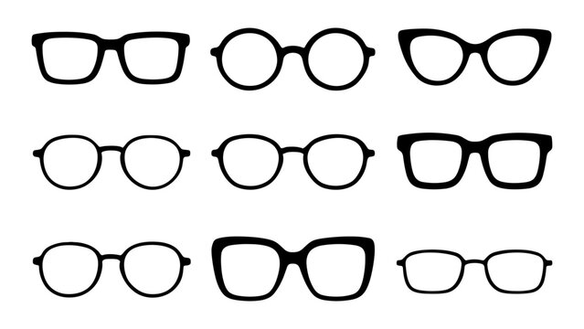Diverse eyeglass styles silhouette: retro, round, cat eye, and square designs