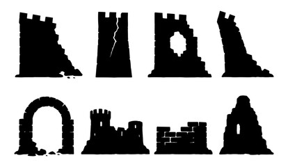 Set of medieval castle tower silhouettes and ruins