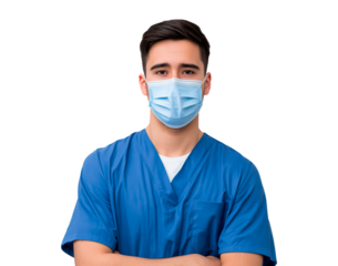 Young male nurse in blue scrubs wearing a protective face mask on transparent background