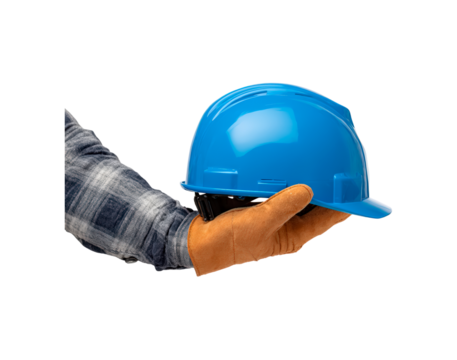 Hand holding blue safety helmet on transparent background - Powered by Adobe