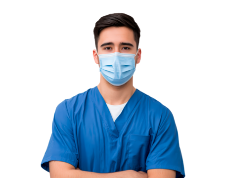 Young male nurse in blue scrubs wearing a protective face mask on transparent background