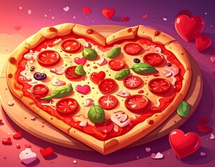 Heart-shaped pizza topped with fresh ingredients, surrounded by hearts