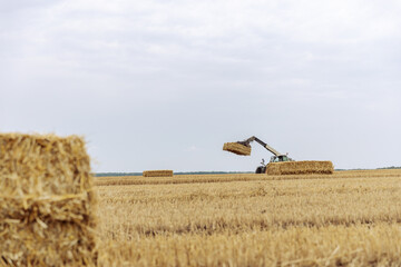 A Tractor in Action: Efficiently Collecting and Transporting Hay Bales in a Vast Agricultural Landscape Under a Cloudy Sky