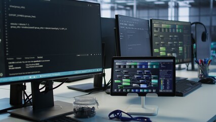 Naklejka premium PCs, headphones and tablets in data center employing machine learning technology to maintain company network infrastructure. Electronic devices used in server room to ensure optimal system performance