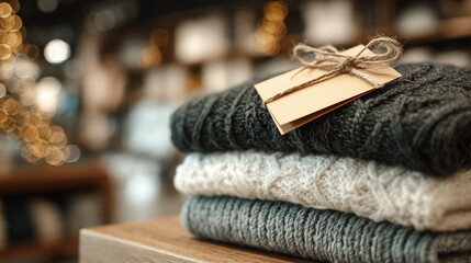 Sweater Cozy Sweaters Stack with Blank Tag in Warm Retail Light