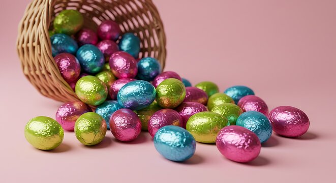 Easter eggs spill from woven basket on pink background holiday treats