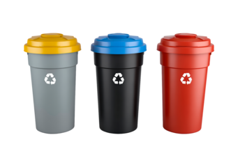 Colorful recycling bins with yellow, blue, and red lids for waste sorting on transparent background