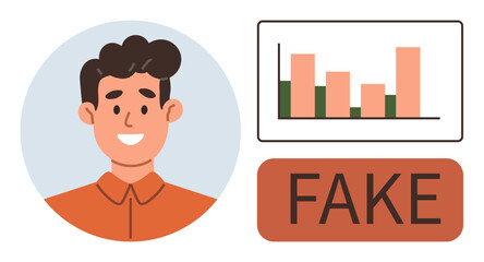 Smiling person portrait, bar chart with data errors, and bold fake label. Ideal for cybersecurity, misinformation, identity fraud, scam detection, data integrity, trust issues simple flat metaphor