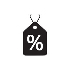 Vector art of a minimalist black price tag icon with a percentage sign, symbolizing discounts, sales, and promotional offers in a clean and modern design, perfect for ecommerce and retail