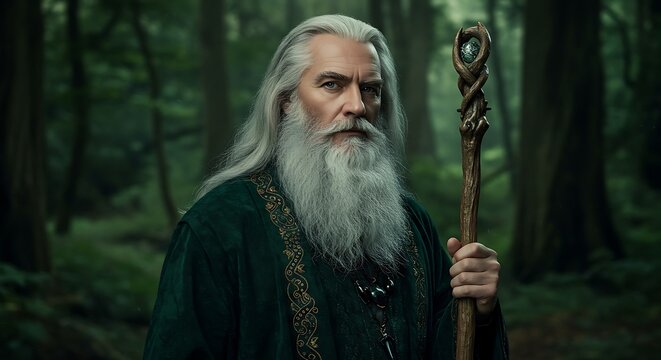 Elderly man with long white beard holding a wooden staff in a forest