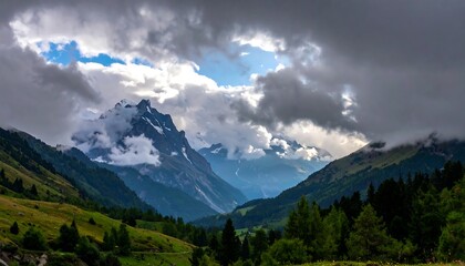 Fototapeta premium A majestic mountainous landscape framed by a dark, dramatic sky with clouds, valleys, and patches of sunlight