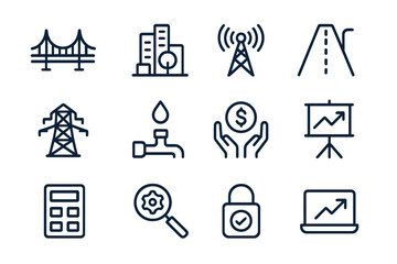 Visual collection of icons representing urban infrastructure, finance, and technology activities and concepts