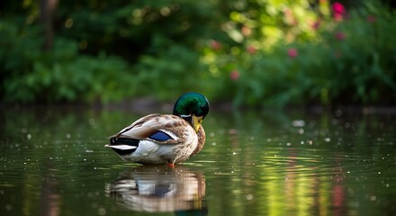 Obraz premium Mallard duck resting in calm water with green and blue plumage