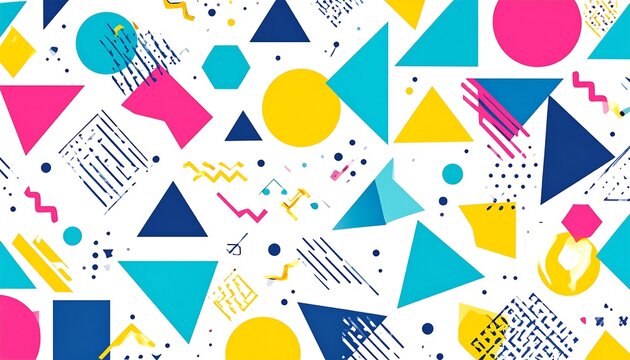 A vibrant and playful abstract design featuring a chaotic arrangement of geometric shapes in various colors, including triangles and circles