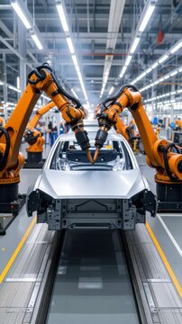 Automated automotive assembly line with robotic welding arms working on a car body in a modern factory environment with bright industrial lighting