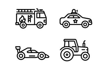 Various emergency and work vehicles such as fire truck, police car, race car, and tractor illustrated in simple style