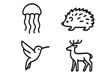 Unique animal illustrations showcasing a jellyfish, hedgehog, hummingbird, and deer on a simple background