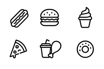 Delicious food icons featuring hot dog, hamburger, ice cream, pizza, drink, chicken, and donut for a fun culinary theme