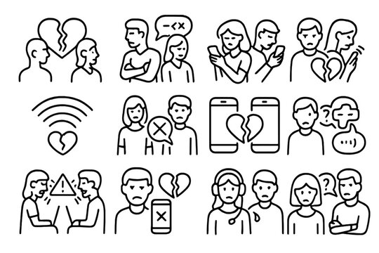 Relationship challenges and emotional struggles depicted through simple illustrations in a modern context