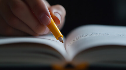 Highlighting Text: Person using a yellow marker to highlight words in a book, suggesting study, review, or emphasis on key information.