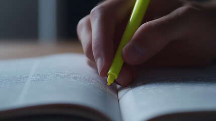 Person highlighting text in a book with a marker. Focused and studying. Academic pursuits or personal learning. Selective reading.