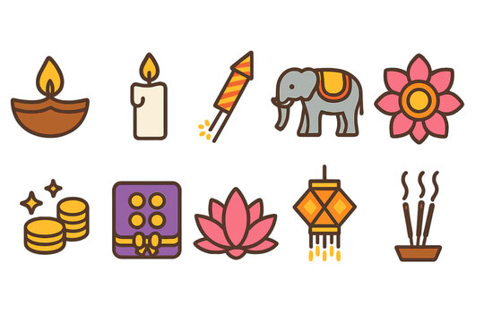 Diwali festival icon set. celebrate with vibrant flat symbols for joyous occasions.