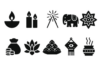 Diwali silhouette icon set. festival, celebration, light, decoration, hindu icons