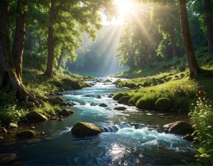 Sunlight streams through a lush forest over a tranquil river