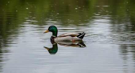 Obraz premium Mallard duck swimming on calm water reflecting on a pond