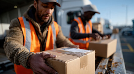 Two workers in safety vests efficiently pack boxes during sunset, portraying the hard work and dedication in logistics and shipment within the industrial landscape.
