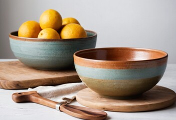 Ceramic Bowls with Lemons: Still life of rustic, handcrafted ceramic bowls elegantly holds a cluster of fresh, vibrant lemons, accompanied by a wooden spatula on a cutting board. Ai generated image