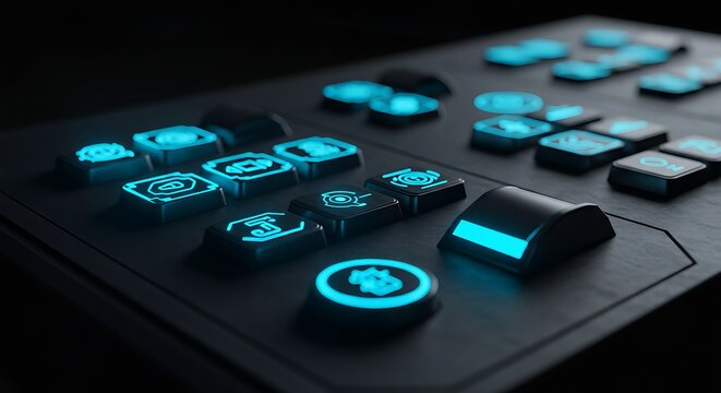 Futuristic illuminated control panel with glowing buttons for technology interface
