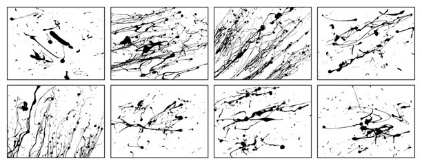 Hand drawn black vector grunge textures pack isolated on white. Detailed paint splashes. Grungy stripes patterns. Vector illustrator