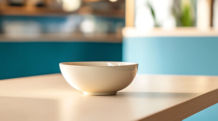 White bowl centered on a wooden table, bathed in sunlight with teal background. Minimalist kitchen scenery. Neutral colors and soft focus.