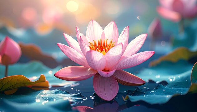 A serene image showcasing a luminous pink water lily blossoming amidst lily pads on a tranquil, reflective water surface. Soft, bokeh background