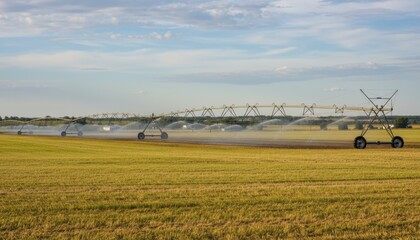 Medium shot featuring a large pivot irrigation arm slowly moving across a vast hay field demonstrating automated water management in agriculture.