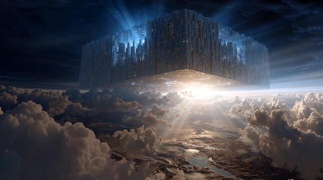 Breathtaking wide cinematic view of the glowing, cube-shaped city of New Jerusalem descending through parted clouds toward a renewed Earth, symbolizing divine promise, hope, and heavenly fulfillment.
