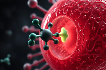 PFAS molecule interacts with a human cell. The concept of environmental cleanliness