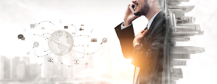 Visualization of global digital communication and online across multiple platforms, including global network, digital network, communication network, and online network. Vouch