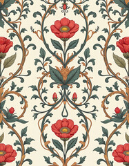 Fototapeta premium Vintage Floral Wallpaper with Red and Beige Ornamental Motifs 
