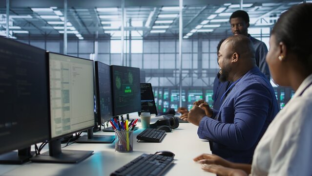 Happy data center employee pleased after successfully installing cybersecurity framework, seeing confirmation after reducing security incidents and enhancing data protection protocols, camera A