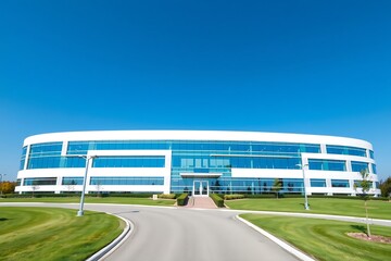 Modern hospital architecture with minimalist design, glass facade, and spacious parking lot. Bright daytime setting under blue sky with clean, professional, urban exterior ideal for healthcare.
