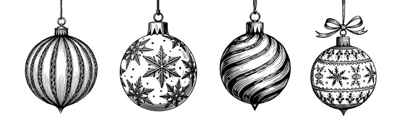 Hand-drawn black and white set of classic Christmas baubles with ribbon in vintage engraving style - Concept of Christmas - holiday - decoration - festive - traditional