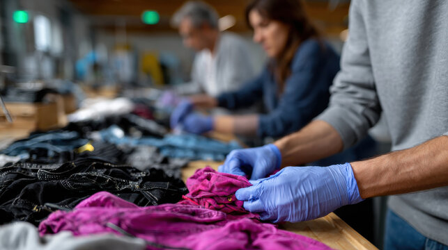 Workers in a textile facility meticulously folding and organizing clothing items, representing teamwork, skill, and quality management within the industry.
